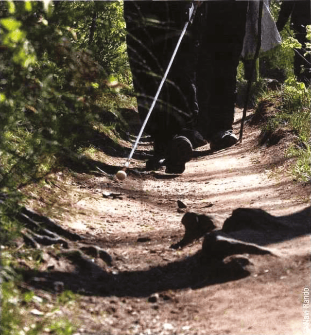 Photo illustrant des randonneurs utilisant une une canne pour se guider.