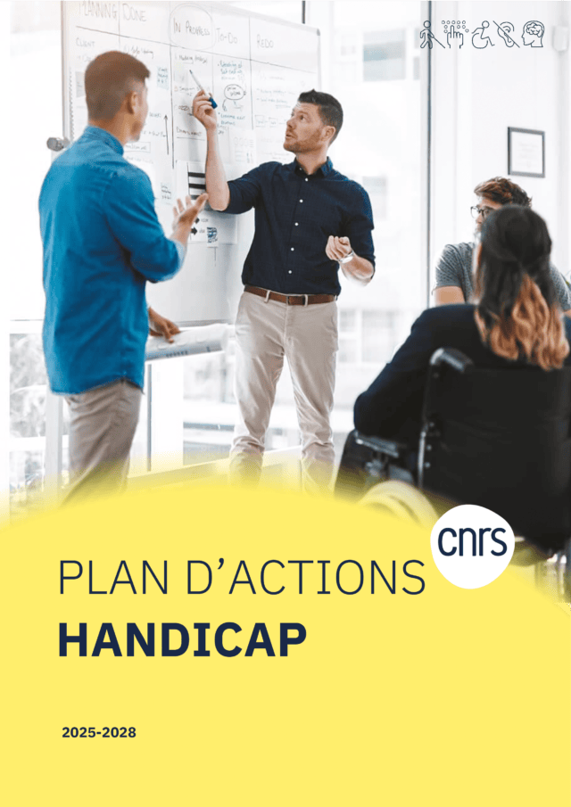 Couverture - Plan d'actions handicap, 2025-2028, CNRS Photo représentant des employés en formation.